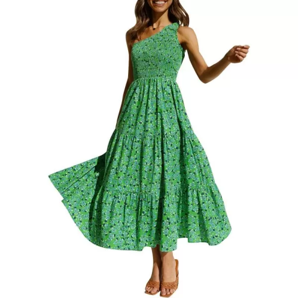 imageZESICA Womens 2023 Bohemian Summer Floral Print One Shoulder Sleeveless Smocked Ruffle Tiered Beach Long Midi DressGrassgreen