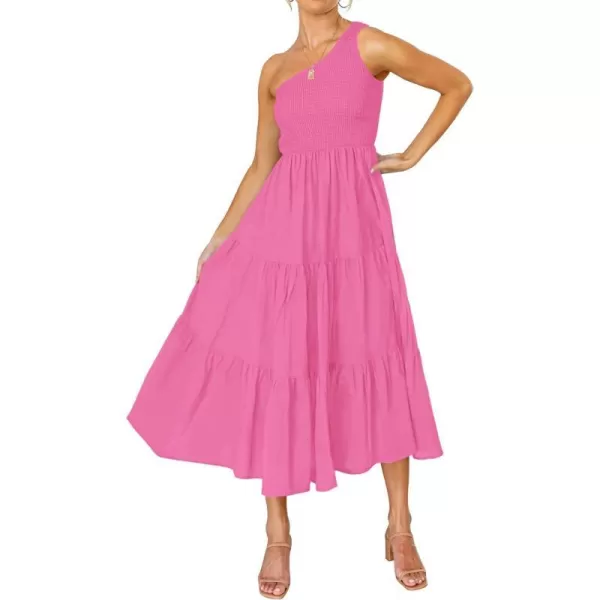 imageZESICA Womens 2023 Bohemian Summer Floral Print One Shoulder Sleeveless Smocked Ruffle Tiered Beach Long Midi DressHotpink
