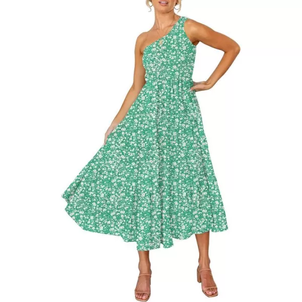 imageZESICA Womens 2023 Bohemian Summer Floral Print One Shoulder Sleeveless Smocked Ruffle Tiered Beach Long Midi DressLightgreen