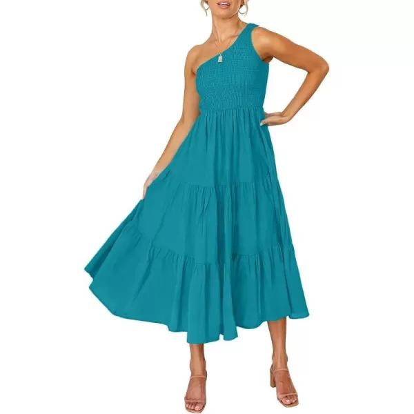 imageZESICA Womens 2023 Bohemian Summer Floral Print One Shoulder Sleeveless Smocked Ruffle Tiered Beach Long Midi DressPeacock