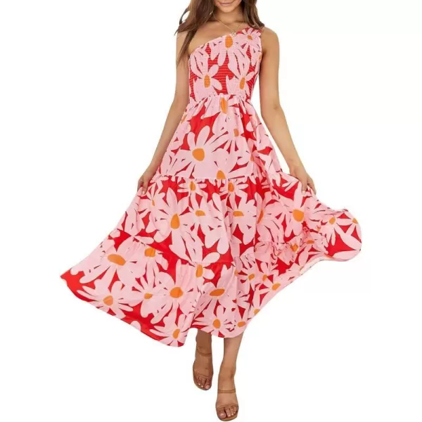 imageZESICA Womens 2023 Bohemian Summer Floral Print One Shoulder Sleeveless Smocked Ruffle Tiered Beach Long Midi DressRed