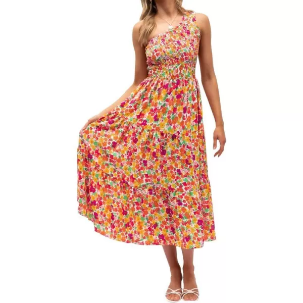 imageZESICA Womens 2023 Bohemian Summer Floral Print One Shoulder Sleeveless Smocked Ruffle Tiered Beach Long Midi DressRedyellow