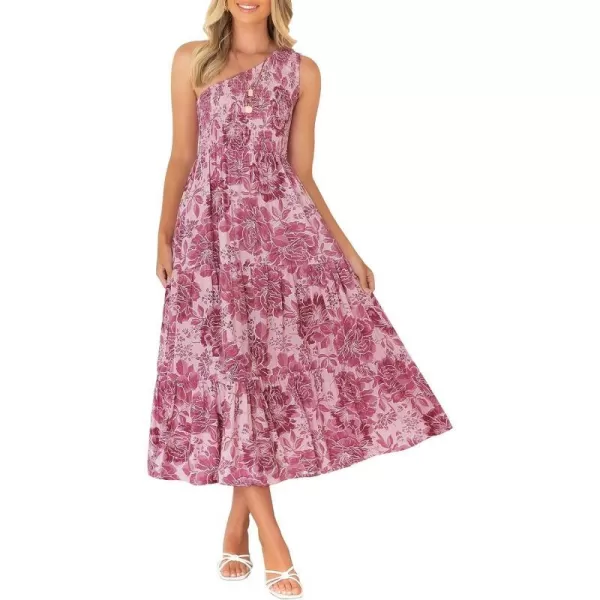 imageZESICA Womens 2023 Bohemian Summer Floral Print One Shoulder Sleeveless Smocked Ruffle Tiered Beach Long Midi DressRosepink