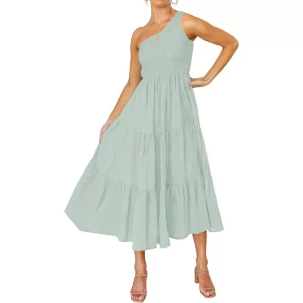 imageZESICA Womens 2023 Bohemian Summer Floral Print One Shoulder Sleeveless Smocked Ruffle Tiered Beach Long Midi DressSage