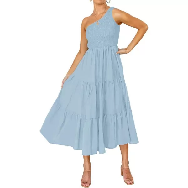 imageZESICA Womens 2023 Bohemian Summer Floral Print One Shoulder Sleeveless Smocked Ruffle Tiered Beach Long Midi DressSkyblue
