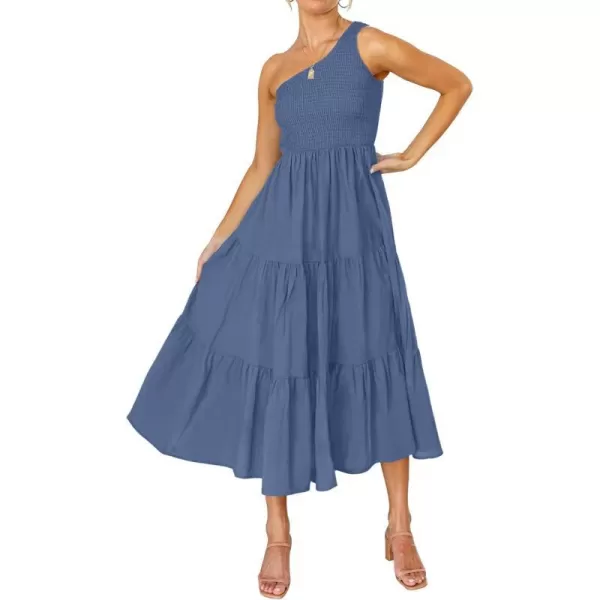 imageZESICA Womens 2023 Bohemian Summer Floral Print One Shoulder Sleeveless Smocked Ruffle Tiered Beach Long Midi DressSoliddarkblue