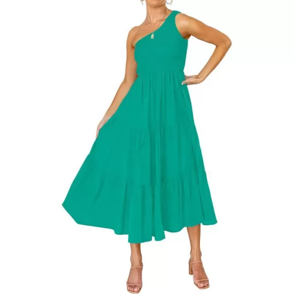 imageZESICA Womens 2023 Bohemian Summer Floral Print One Shoulder Sleeveless Smocked Ruffle Tiered Beach Long Midi DressSolidgreen