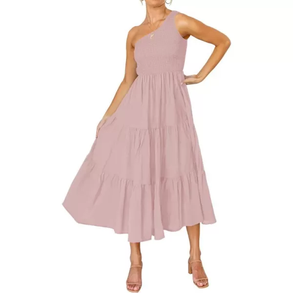 imageZESICA Womens 2023 Bohemian Summer Floral Print One Shoulder Sleeveless Smocked Ruffle Tiered Beach Long Midi DressSolidpink