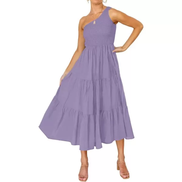 imageZESICA Womens 2023 Bohemian Summer Floral Print One Shoulder Sleeveless Smocked Ruffle Tiered Beach Long Midi DressSolidpurple