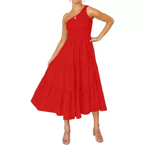 imageZESICA Womens 2023 Bohemian Summer Floral Print One Shoulder Sleeveless Smocked Ruffle Tiered Beach Long Midi DressSolidred