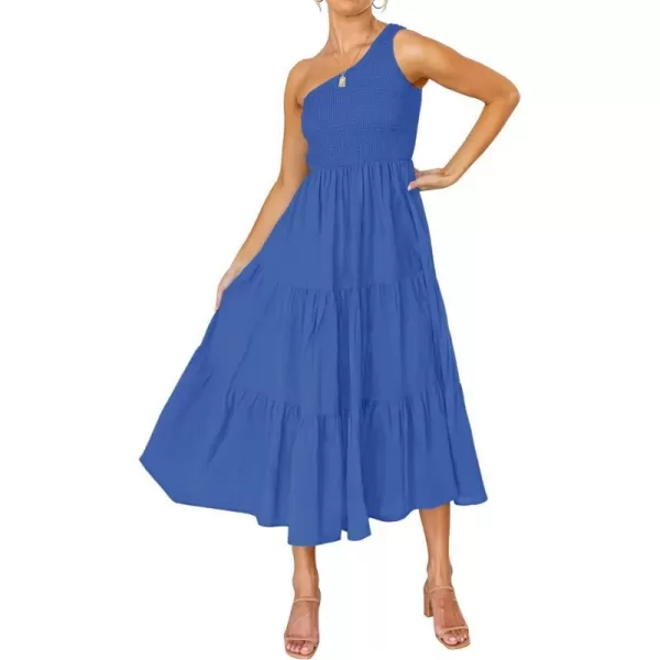 imageZESICA Womens 2023 Bohemian Summer Floral Print One Shoulder Sleeveless Smocked Ruffle Tiered Beach Long Midi DressSolidroyalblue