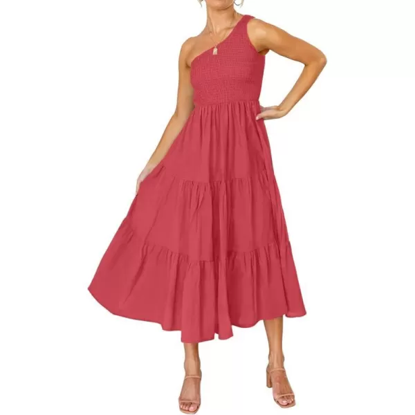 imageZESICA Womens 2023 Bohemian Summer Floral Print One Shoulder Sleeveless Smocked Ruffle Tiered Beach Long Midi DressSolidwatermelon