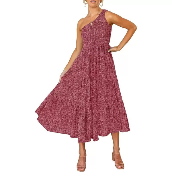 imageZESICA Womens 2023 Bohemian Summer Floral Print One Shoulder Sleeveless Smocked Ruffle Tiered Beach Long Midi DressUrbanred
