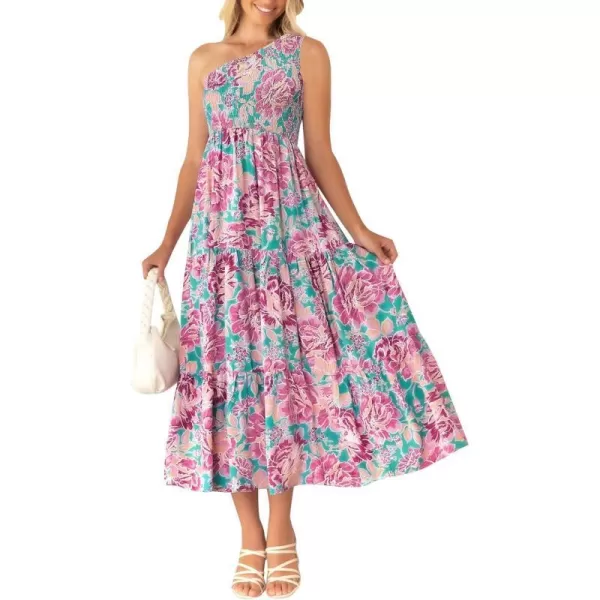 imageZESICA Womens 2023 Bohemian Summer Floral Print One Shoulder Sleeveless Smocked Ruffle Tiered Beach Long Midi DressViolet