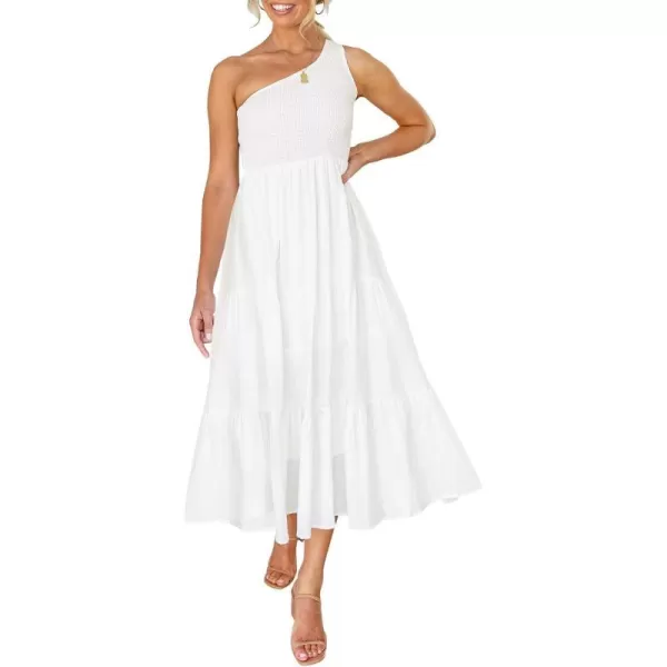 imageZESICA Womens 2023 Bohemian Summer Floral Print One Shoulder Sleeveless Smocked Ruffle Tiered Beach Long Midi DressWhite