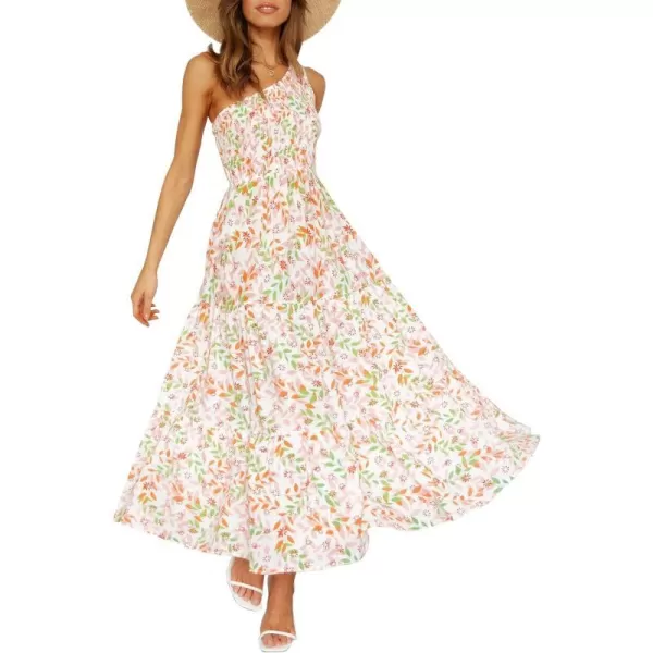 imageZESICA Womens 2023 Bohemian Summer Floral Print One Shoulder Sleeveless Smocked Ruffle Tiered Beach Long Midi DressWhitepink