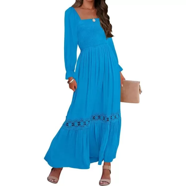 imageZESICA Womens 2023 Boho Long Sleeve Square Neck Smocked High Waist Flowy A Line Lace Trim Maxi DressCobalt