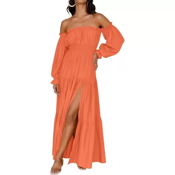 imageZESICA Womens 2023 Boho Sexy Off Shoulder Long Sleeve Smocked High Waist Side Split Flowy A Line Tiered Long Maxi DressOrange