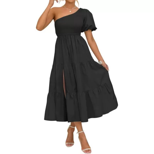 imageZESICA Womens 2023 Boho Summer One Shoulder Short Sleeve Smocked Side Split Ruffle Swing Midi DressBlack