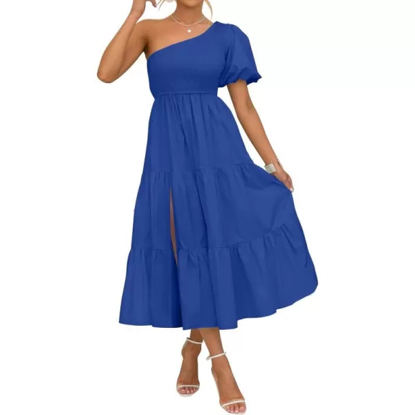 imageZESICA Womens 2023 Boho Summer One Shoulder Short Sleeve Smocked Side Split Ruffle Swing Midi DressBlue