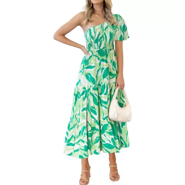 imageZESICA Womens 2023 Boho Summer One Shoulder Short Sleeve Smocked Side Split Ruffle Swing Midi DressBrightgreen