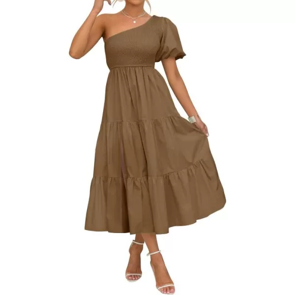 imageZESICA Womens 2023 Boho Summer One Shoulder Short Sleeve Smocked Side Split Ruffle Swing Midi DressBrown