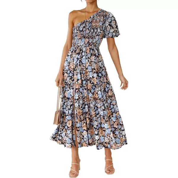 imageZESICA Womens 2023 Boho Summer One Shoulder Short Sleeve Smocked Side Split Ruffle Swing Midi DressCarbon