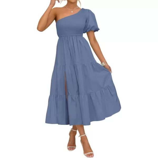 imageZESICA Womens 2023 Boho Summer One Shoulder Short Sleeve Smocked Side Split Ruffle Swing Midi DressDustyblue