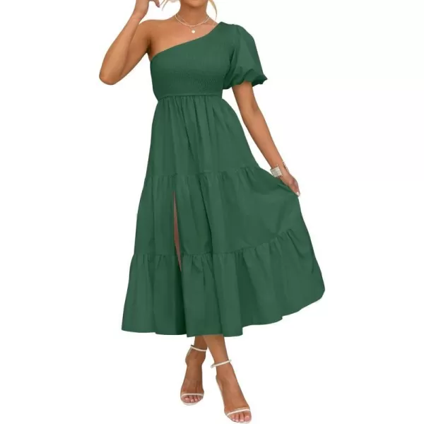 imageZESICA Womens 2023 Boho Summer One Shoulder Short Sleeve Smocked Side Split Ruffle Swing Midi DressForestgreen