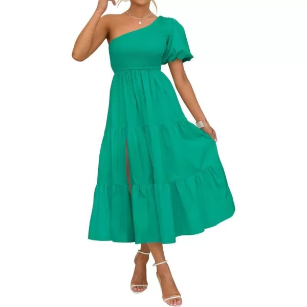 imageZESICA Womens 2023 Boho Summer One Shoulder Short Sleeve Smocked Side Split Ruffle Swing Midi DressGreen