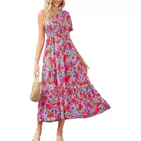 imageZESICA Womens 2023 Boho Summer One Shoulder Short Sleeve Smocked Side Split Ruffle Swing Midi DressLavender