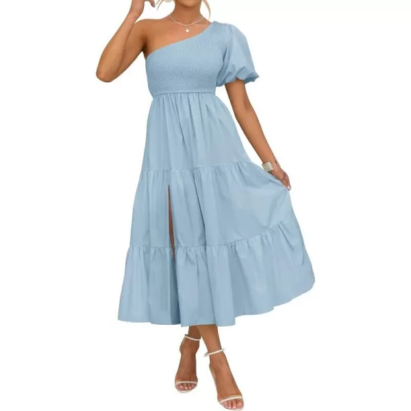 imageZESICA Womens 2023 Boho Summer One Shoulder Short Sleeve Smocked Side Split Ruffle Swing Midi DressLightblue