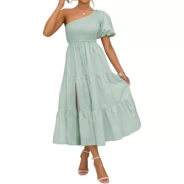 imageZESICA Womens 2023 Boho Summer One Shoulder Short Sleeve Smocked Side Split Ruffle Swing Midi DressLightgreen