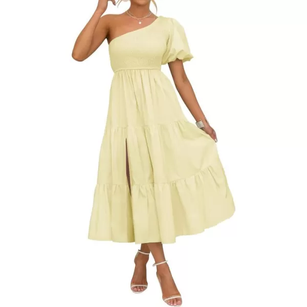 imageZESICA Womens 2023 Boho Summer One Shoulder Short Sleeve Smocked Side Split Ruffle Swing Midi DressLightyellow