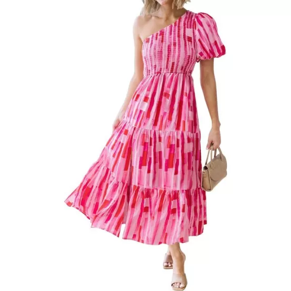 imageZESICA Womens 2023 Boho Summer One Shoulder Short Sleeve Smocked Side Split Ruffle Swing Midi DressMagenta