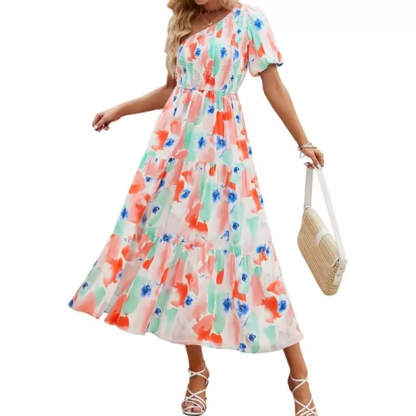 imageZESICA Womens 2023 Boho Summer One Shoulder Short Sleeve Smocked Side Split Ruffle Swing Midi DressPeach