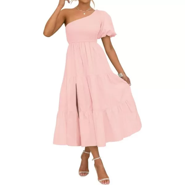 imageZESICA Womens 2023 Boho Summer One Shoulder Short Sleeve Smocked Side Split Ruffle Swing Midi DressPink