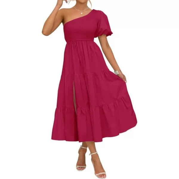imageZESICA Womens 2023 Boho Summer One Shoulder Short Sleeve Smocked Side Split Ruffle Swing Midi DressPlum