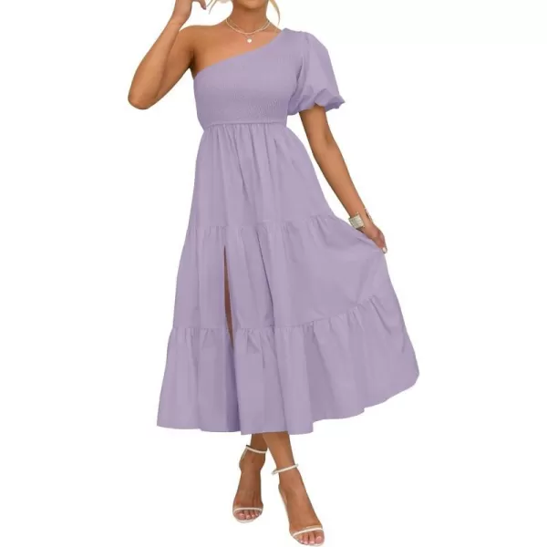 imageZESICA Womens 2023 Boho Summer One Shoulder Short Sleeve Smocked Side Split Ruffle Swing Midi DressPurple