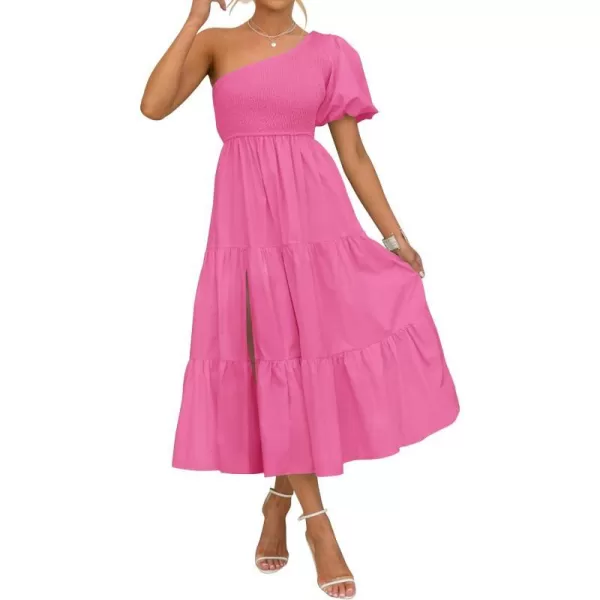 imageZESICA Womens 2023 Boho Summer One Shoulder Short Sleeve Smocked Side Split Ruffle Swing Midi DressRosepink