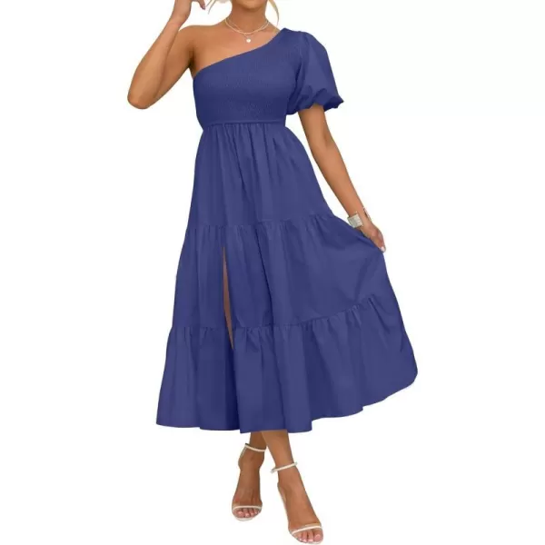 imageZESICA Womens 2023 Boho Summer One Shoulder Short Sleeve Smocked Side Split Ruffle Swing Midi DressRoyalblue