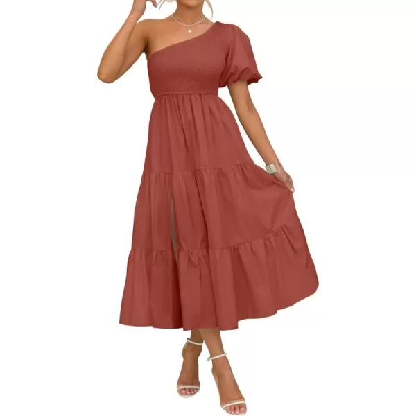 imageZESICA Womens 2023 Boho Summer One Shoulder Short Sleeve Smocked Side Split Ruffle Swing Midi DressRust