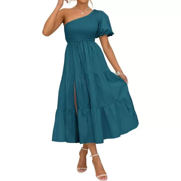 imageZESICA Womens 2023 Boho Summer One Shoulder Short Sleeve Smocked Side Split Ruffle Swing Midi DressTeal