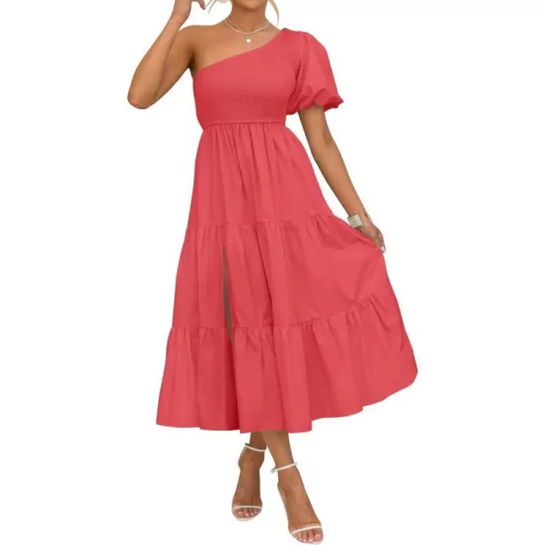 imageZESICA Womens 2023 Boho Summer One Shoulder Short Sleeve Smocked Side Split Ruffle Swing Midi DressWatermelon