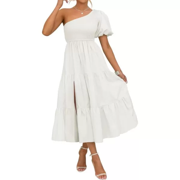 imageZESICA Womens 2023 Boho Summer One Shoulder Short Sleeve Smocked Side Split Ruffle Swing Midi DressWhite