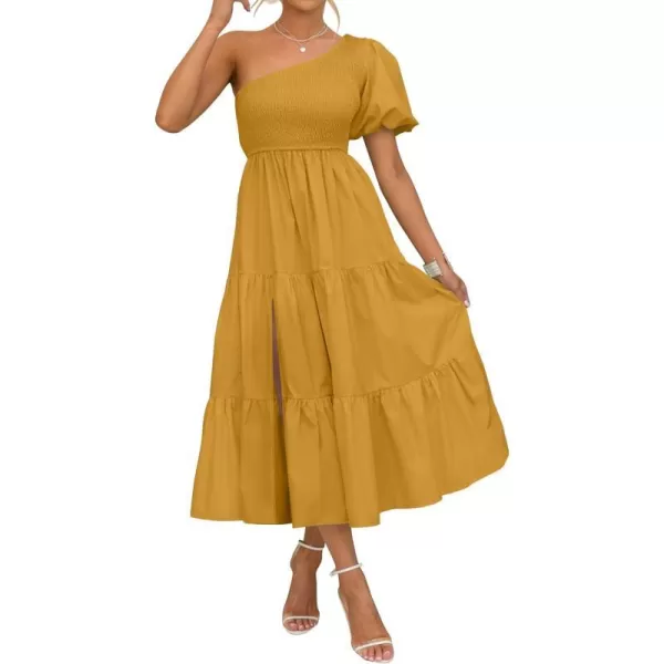 imageZESICA Womens 2023 Boho Summer One Shoulder Short Sleeve Smocked Side Split Ruffle Swing Midi DressZESICA Womens 2023 Boho Summer One Shoulder Short Sleeve Smocked Side Split Ruffle Swing Midi Dress