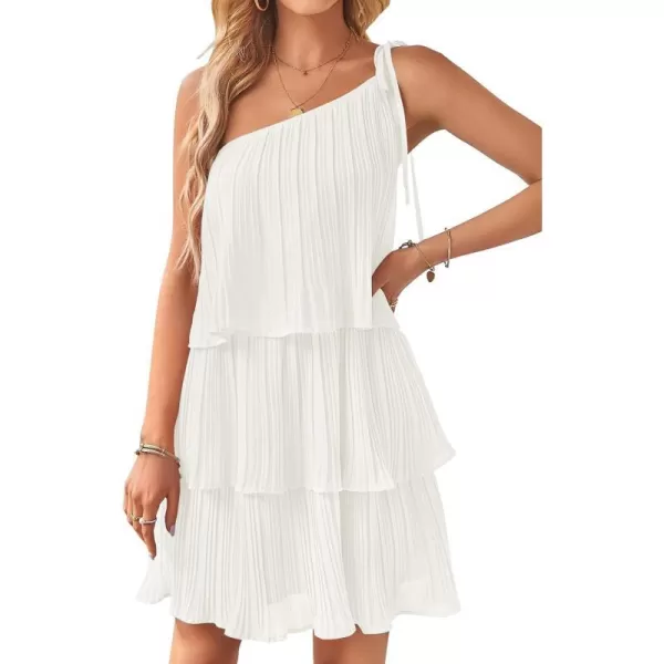 imageZESICA Womens 2023 Boho Summer One Shoulder Sleeveless Ruffle Tiered Layered Chiffon Pleated A Line Flowy Mini DressIvory