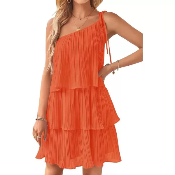 imageZESICA Womens 2023 Boho Summer One Shoulder Sleeveless Ruffle Tiered Layered Chiffon Pleated A Line Flowy Mini DressOrange