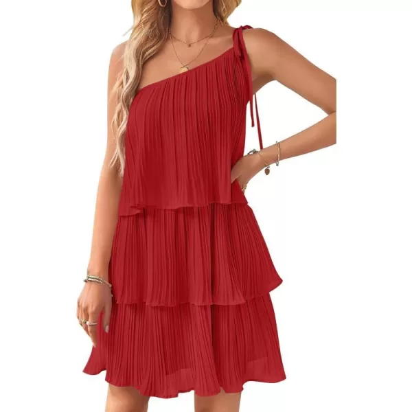 imageZESICA Womens 2023 Boho Summer One Shoulder Sleeveless Ruffle Tiered Layered Chiffon Pleated A Line Flowy Mini DressRed