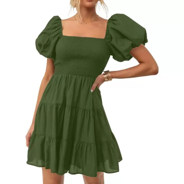 imageZESICA Womens 2023 Boho Summer Square Neck Puff Sleeve Off Shoulder Smocked Tiered Casual A Line Short Mini DressArmygreen